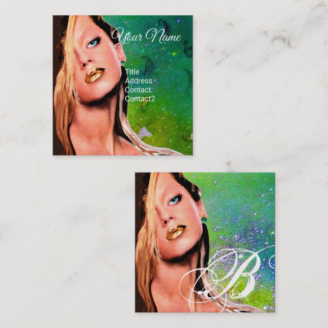 BEAUTY MAKEUP ARTIST COSMETICS Monogram Green Square Business Card (Front/Back)