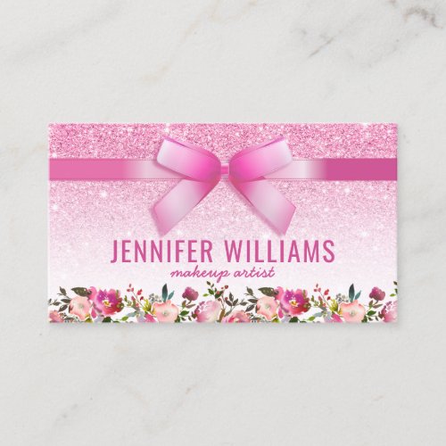 Beauty Makeup Artist Pink Glitter Floral Business Card - Trendy girly professional beauty business cards featuring a pink glitter background, a lush ribbon, floral decor and a template thats easily personalized.