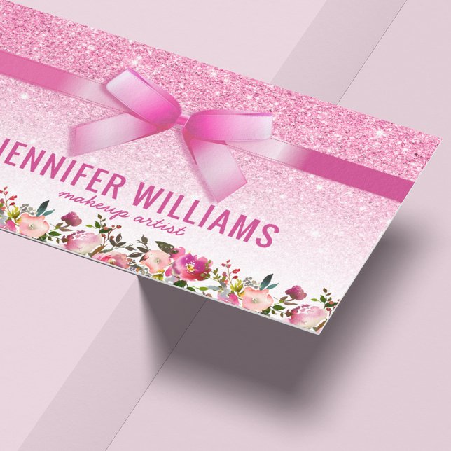 Beauty Makeup Artist Pink Glitter Floral Business Card (Creator Uploaded)