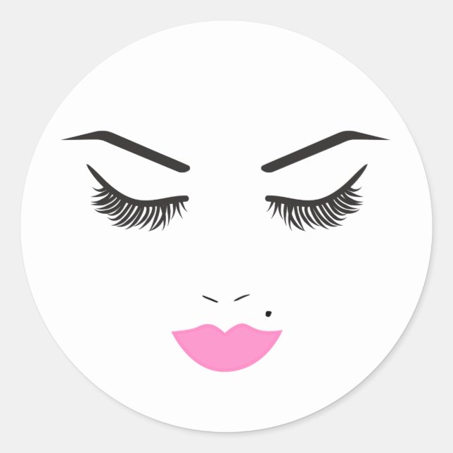 Beauty Makeup Face Lashes & Pink Lips Salon Classic Round Sticker (Front)