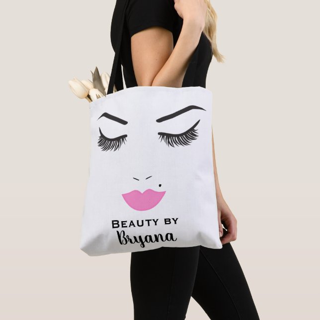 Beauty Makeup Face Lashes & Pink Lips Salon Tote Bag (Close Up)