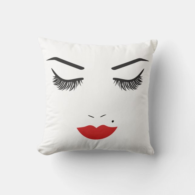 Beauty Makeup Face Lashes & Red Lips Chic Throw Pillow (Front)