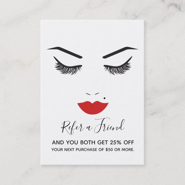 Beauty Makeup Face Lashes Red Lips Referral Salon Business Card (Front)