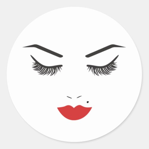Beauty Makeup Face Lashes  Red Lips Salon Classic Round Sticker