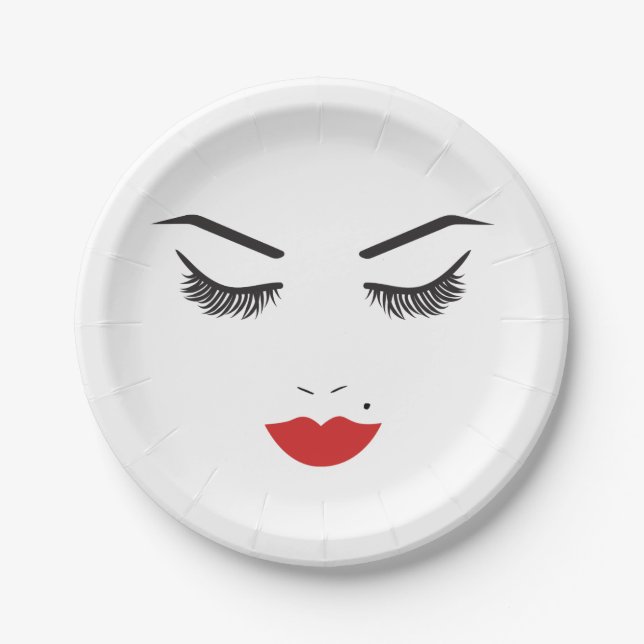 Beauty Makeup Face Lashes & Red Lips Salon Paper Plates (Front)