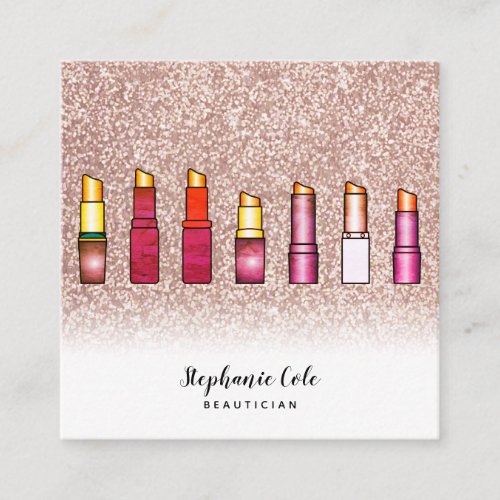 Beauty Makeup Lipsticks Rose Gold Glitter Square Business Card