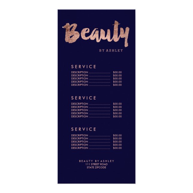 Beauty modern gold typography navy price list rack card (Front)