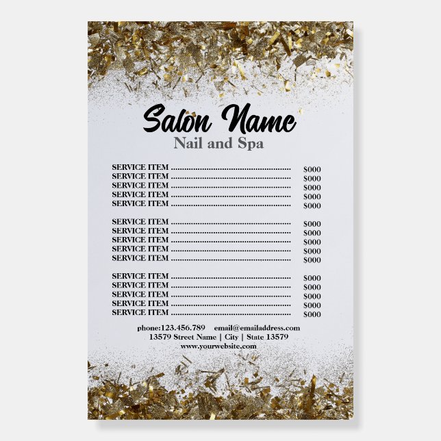 Beauty Nail Salon Price List menu gold confetti Foam Board (Front)