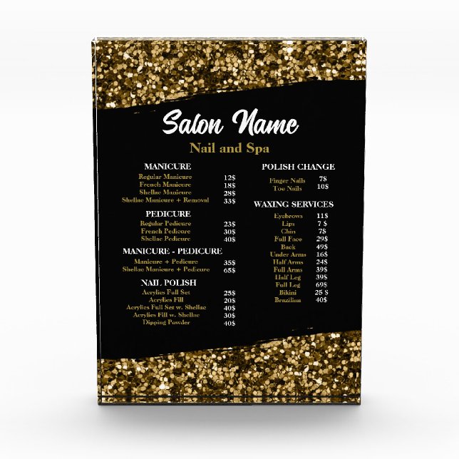 Beauty Nail Salon Price List menu gold confetti Photo Block (Front)