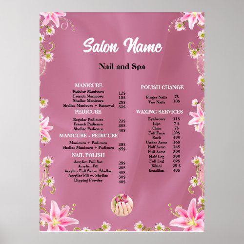 Beauty Nail Salon Price List menu Poster