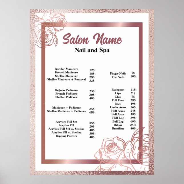 Beauty Nail Salon Price List menu Poster (Front)