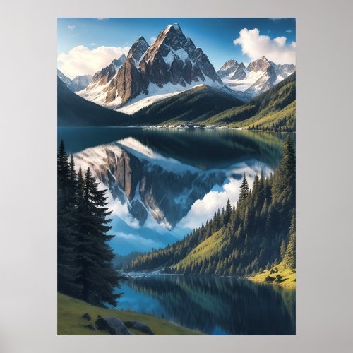 Beauty of Mountains Forests Lakes AI Generative Poster