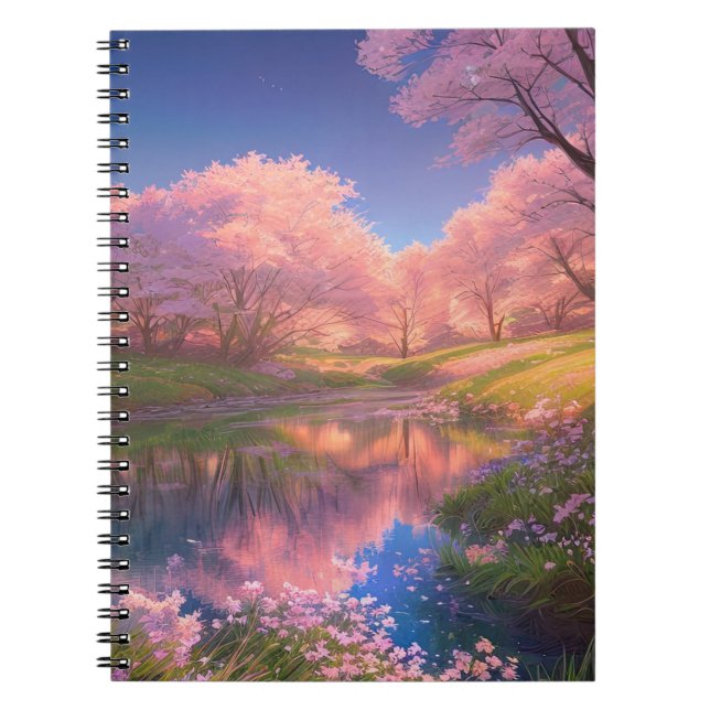 Beauty of the Sakura and Pink Flower Lake Notebook (Front)