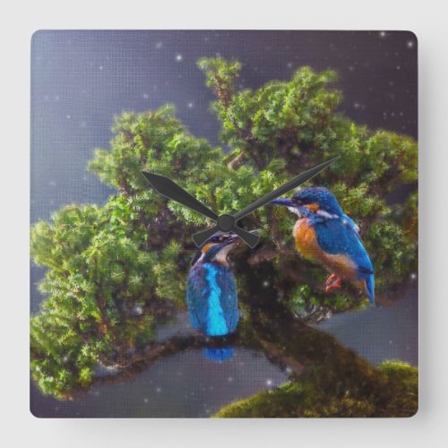 Beauty of Wilderness_ Kingfisher and Bonsai   Square Wall Clock