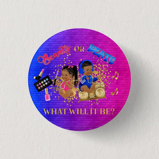Beauty or Beats Blue Hot Pink Gold Gender Reveal Button (Front)