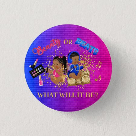 Beauty Or Beats Blue Hot Pink Gold Gender Reveal Button