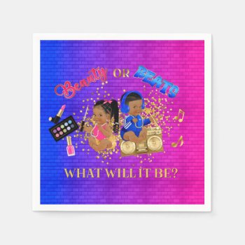 Beauty Or Beats Blue Hot Pink Gold Gender Reveal Napkins by nawnibelles at Zazzle