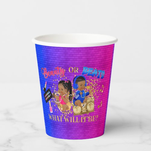 Beauty or Beats Blue Hot Pink Gold Gender Reveal Paper Cups