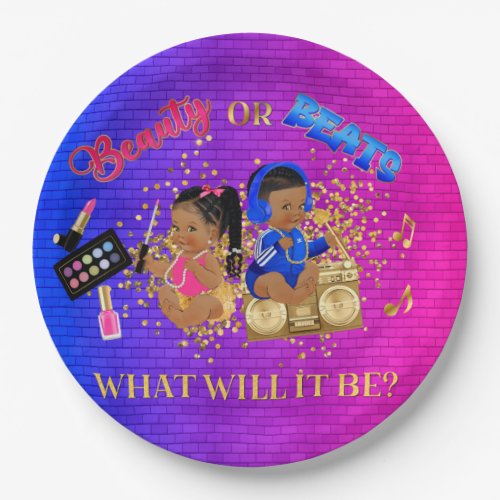 Beauty or Beats Blue Hot Pink Gold Gender Reveal Paper Plates