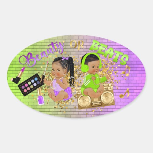 Beauty or Beats Green Purple Gold Gender Reveal Oval Sticker
