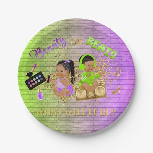 Beauty or Beats Green Purple Gold Gender Reveal Paper Plates