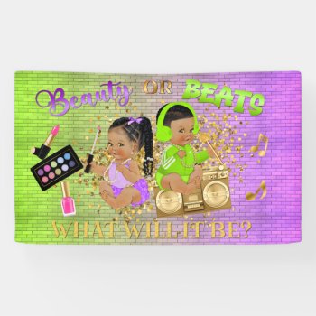 Beauty Or Beats Purple Green Gold Gender Reveal Banner by nawnibelles at Zazzle