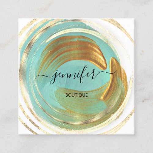 Beauty Organic Shop QR Code Logo Aqua Gold Paint  Square Business Card