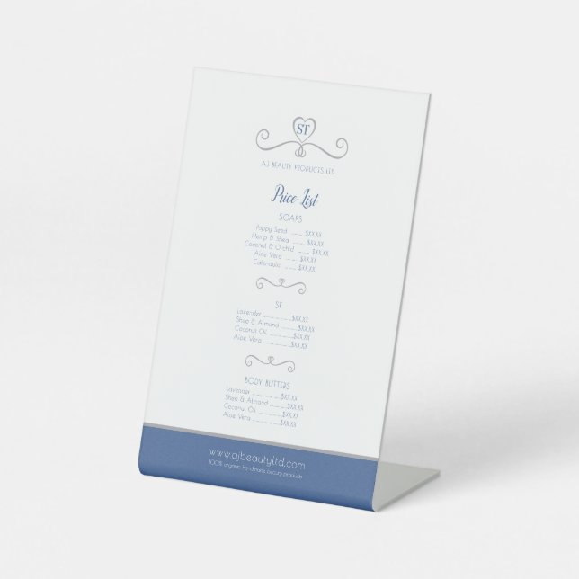 Beauty product price list blue silver pedestal sign (Front)
