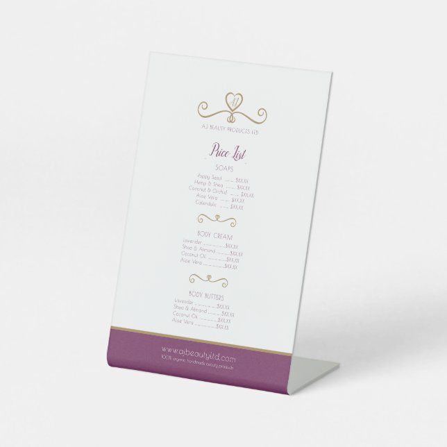 Beauty product price list gold purple red pedestal sign (Front)