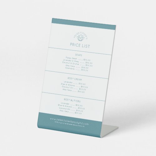 Beauty product price list teal white lotus logo pedestal sign
