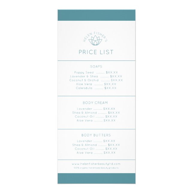 Beauty product price list teal white lotus logo rack card (Front)