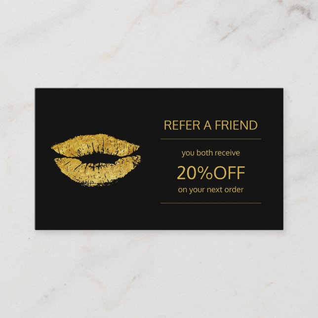 Beauty products distributor gold lips referral card (Front)