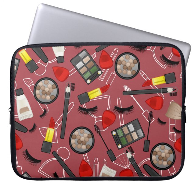 Beauty products pattern on a red backgroundapplica laptop sleeve (Front)