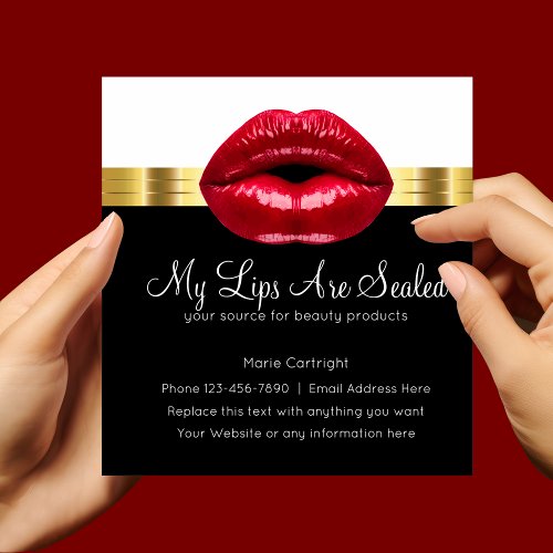 Beauty Red Lips Classy Gold Foil Look Square Business Card