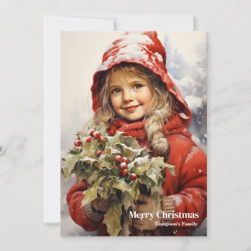 Beauty retro girl with holly berry holiday card