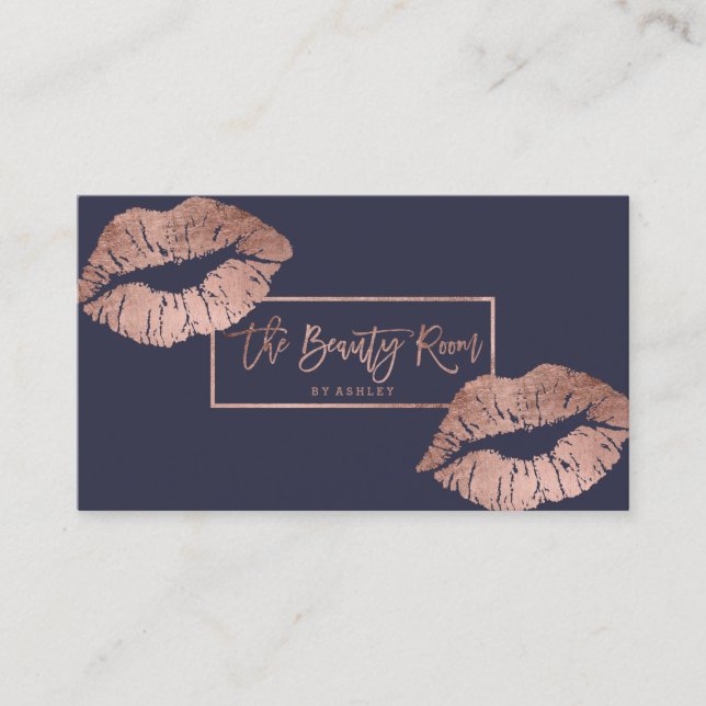 Beauty room typography lips faux rose gold business card (Front)