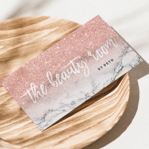 Beauty room typography rose gold glitter marble business card
