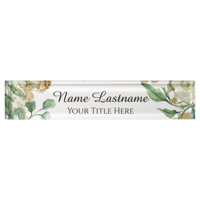 Beauty Salon Artist Rose Floral Mint White Desk Name Plate (Front)