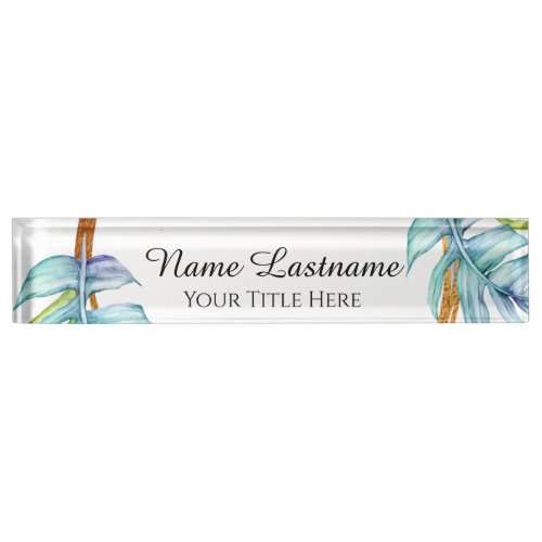 Beauty Salon Artist Rose Floral Tropical Blue Desk Name Plate