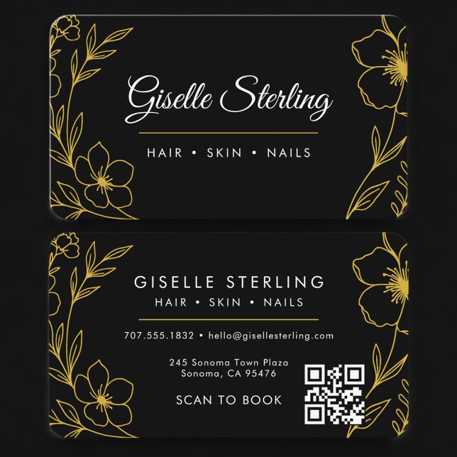 Beauty Salon Black Gold Botanical Floral QR Code  Business Card (Creator Uploaded)