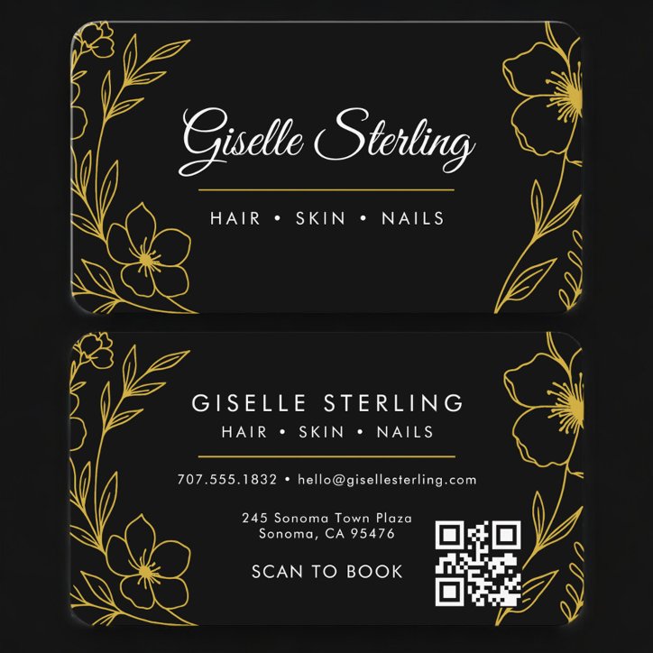 Beauty Salon Black Gold Botanical Floral QR Code Business Card