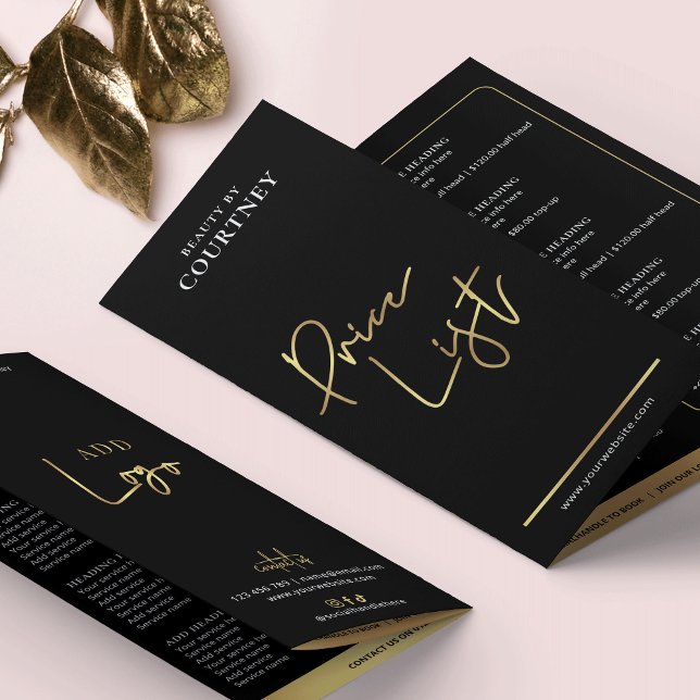 Beauty Salon Black & Gold Logo Tri-Fold Price List Brochure (Creator Uploaded)