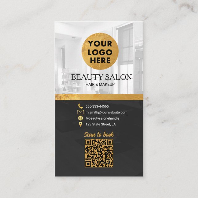 Beauty Salon Black Gold QR code Appointment Business Card (Front)