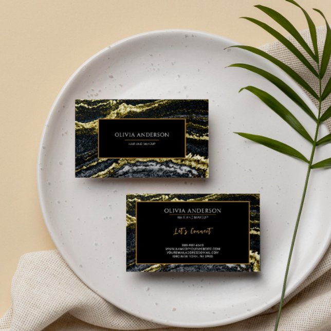 Beauty Salon Black White Gold Glitter Marble Agate Business Card (Creator Uploaded)