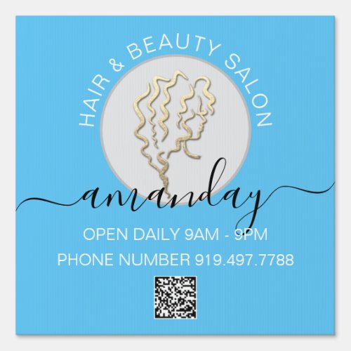 Beauty Salon Blue Gold Logo Hair QR CODE Sign