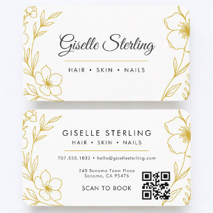 Beauty Salon Botanical Gold White QR Code  Business Card