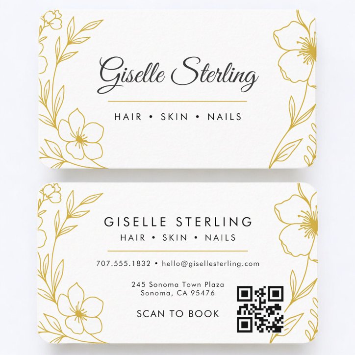Beauty Salon Botanical Gold White QR Code Business Card