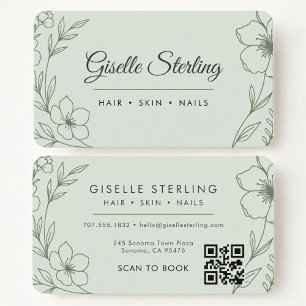 Beauty Salon Botanical Sage Green QR Code Business Card