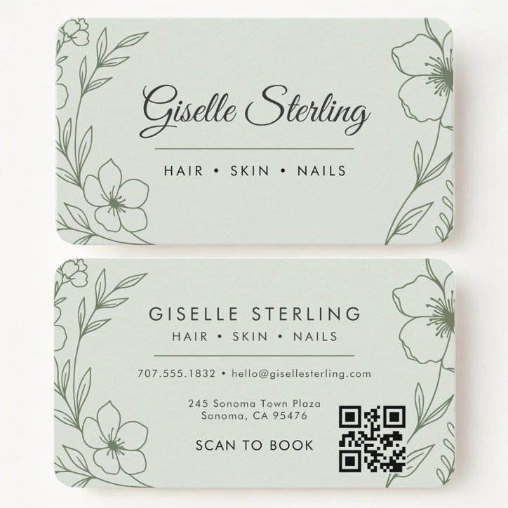 Beauty Salon Botanical Sage Green QR Code Business Card
