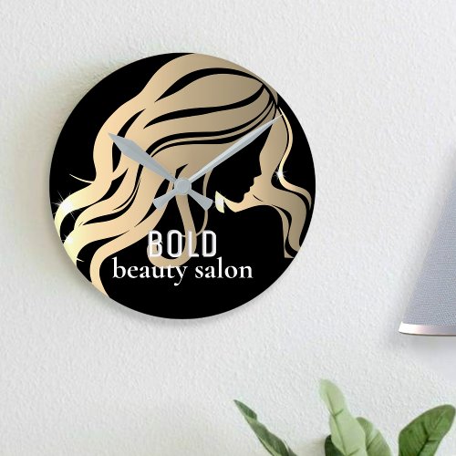 Beauty Salon Business Name Metallic Gold  Black Round Clock